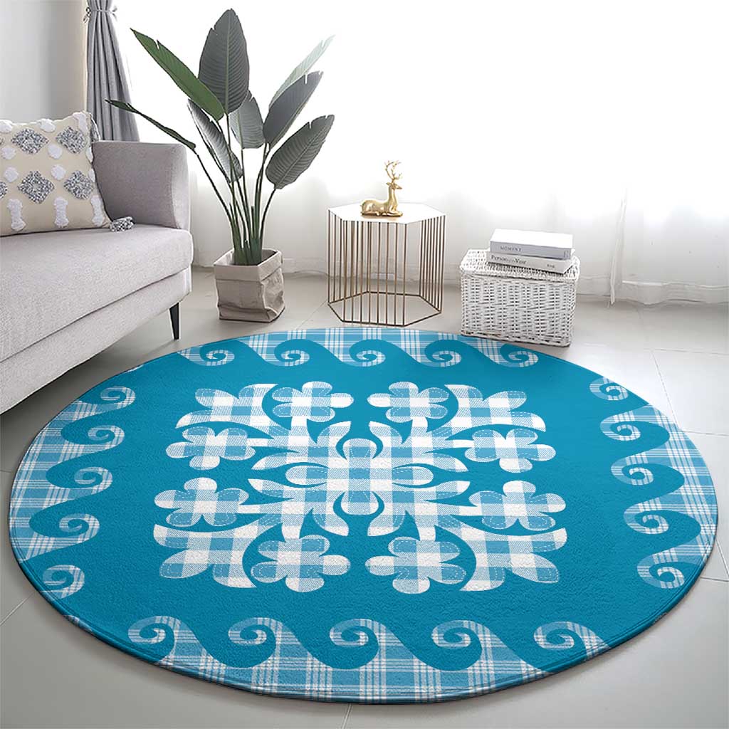 Blue Ulu Palaka Quilt Pattern Round Carpet Hawaii Culture Breadfruit - Polynesian Pride