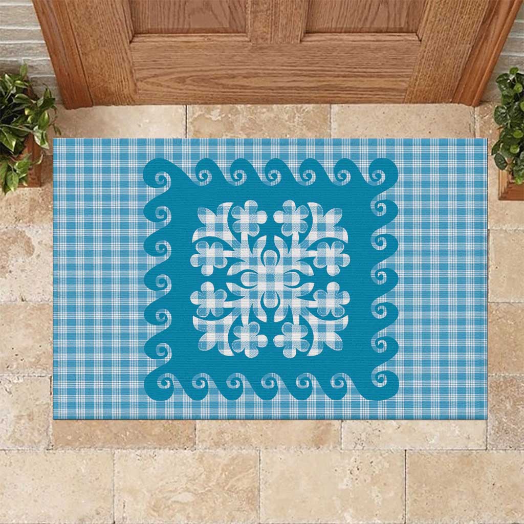 Blue Ulu Palaka Quilt Pattern Rubber Doormat Hawaii Culture Breadfruit - Polynesian Pride