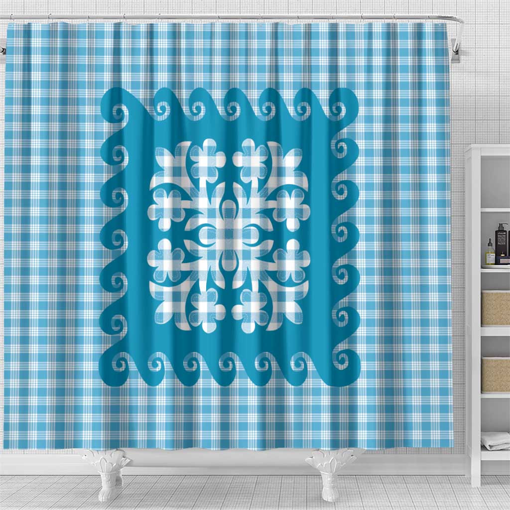 Blue Ulu Palaka Quilt Pattern Shower Curtain Hawaii Culture Breadfruit - Polynesian Pride