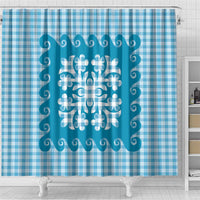 Blue Ulu Palaka Quilt Pattern Shower Curtain Hawaii Culture Breadfruit - Polynesian Pride