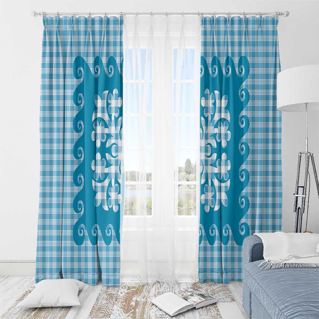 Blue Ulu Palaka Quilt Pattern Window Curtain Hawaii Culture Breadfruit - Polynesian Pride