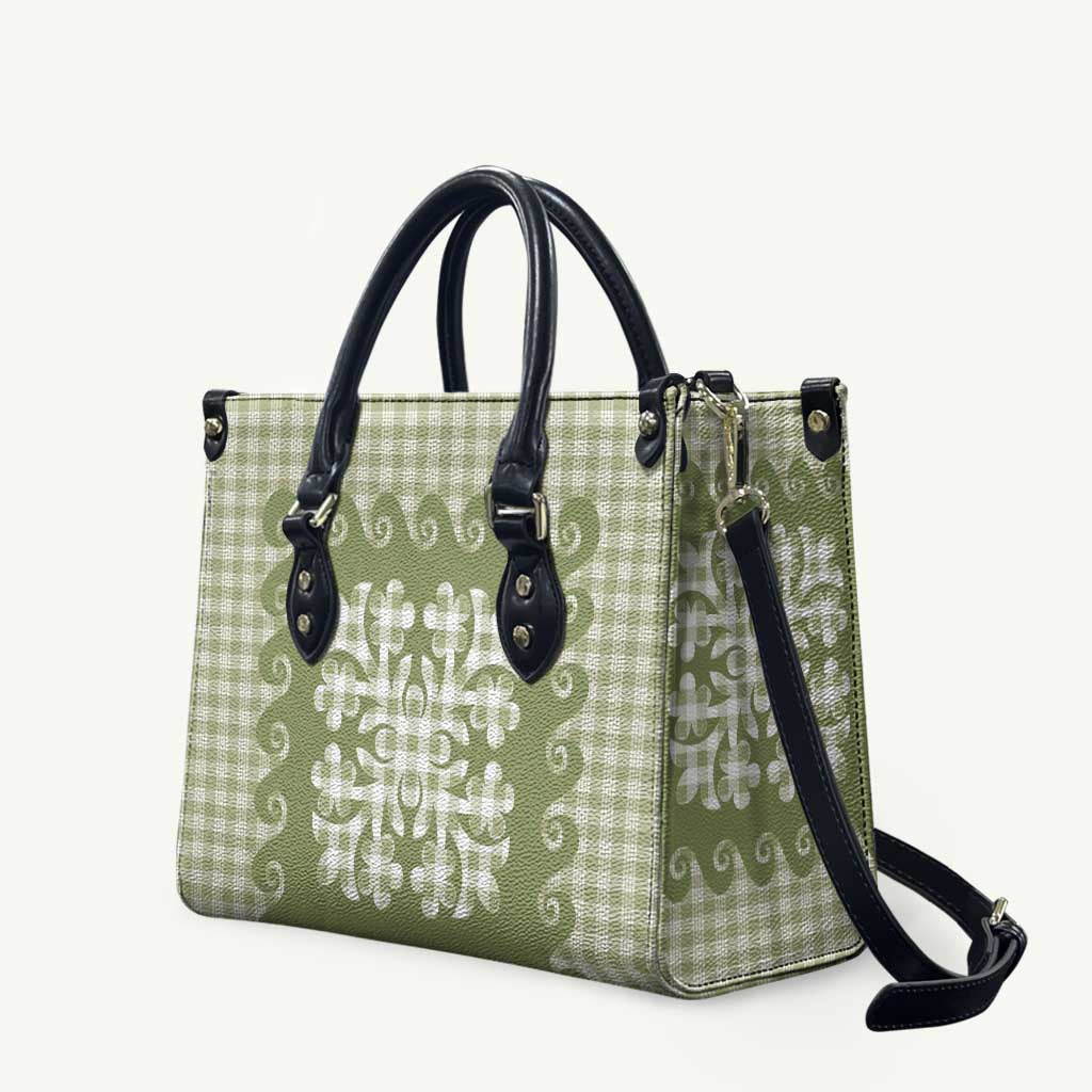 Green Ulu Palaka Quilt Pattern Leather Bag Hawaii Culture Breadfruit - Polynesian Pride
