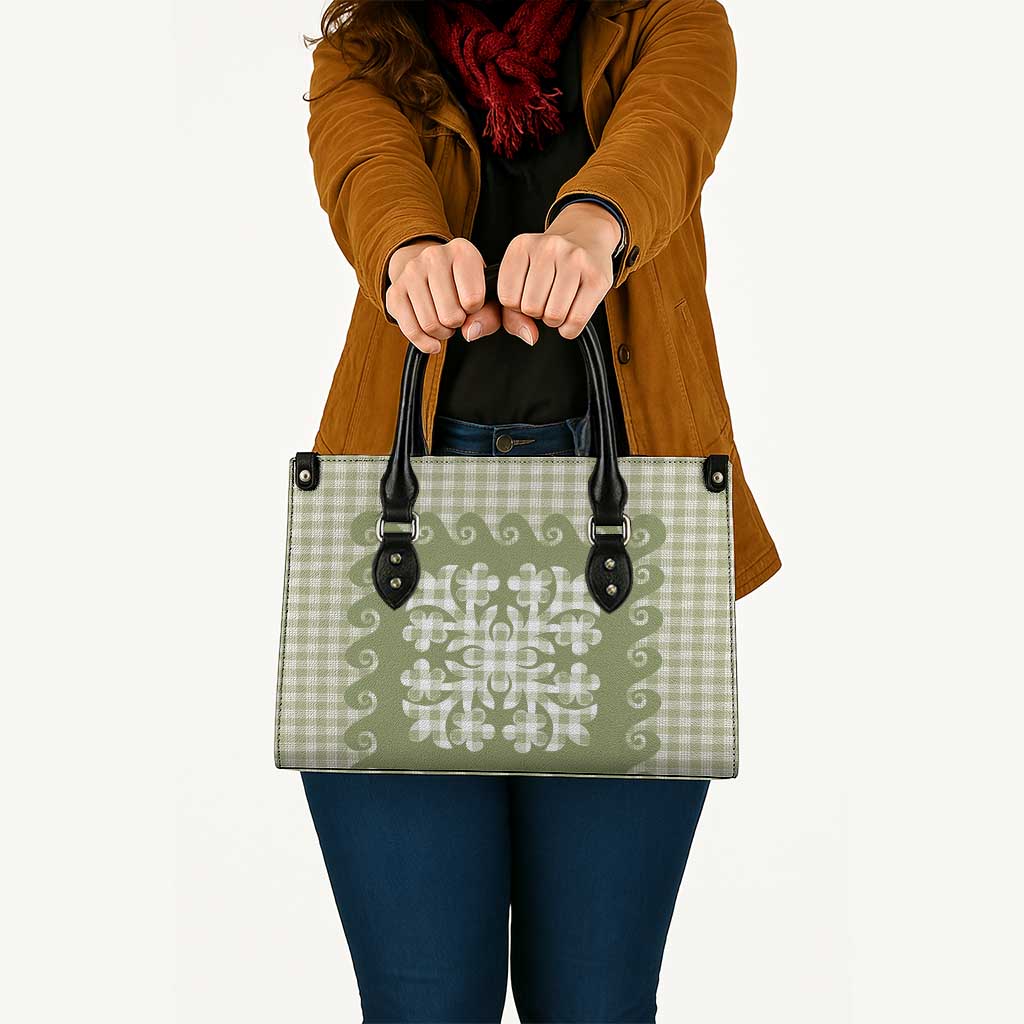 Green Ulu Palaka Quilt Pattern Leather Bag Hawaii Culture Breadfruit - Polynesian Pride