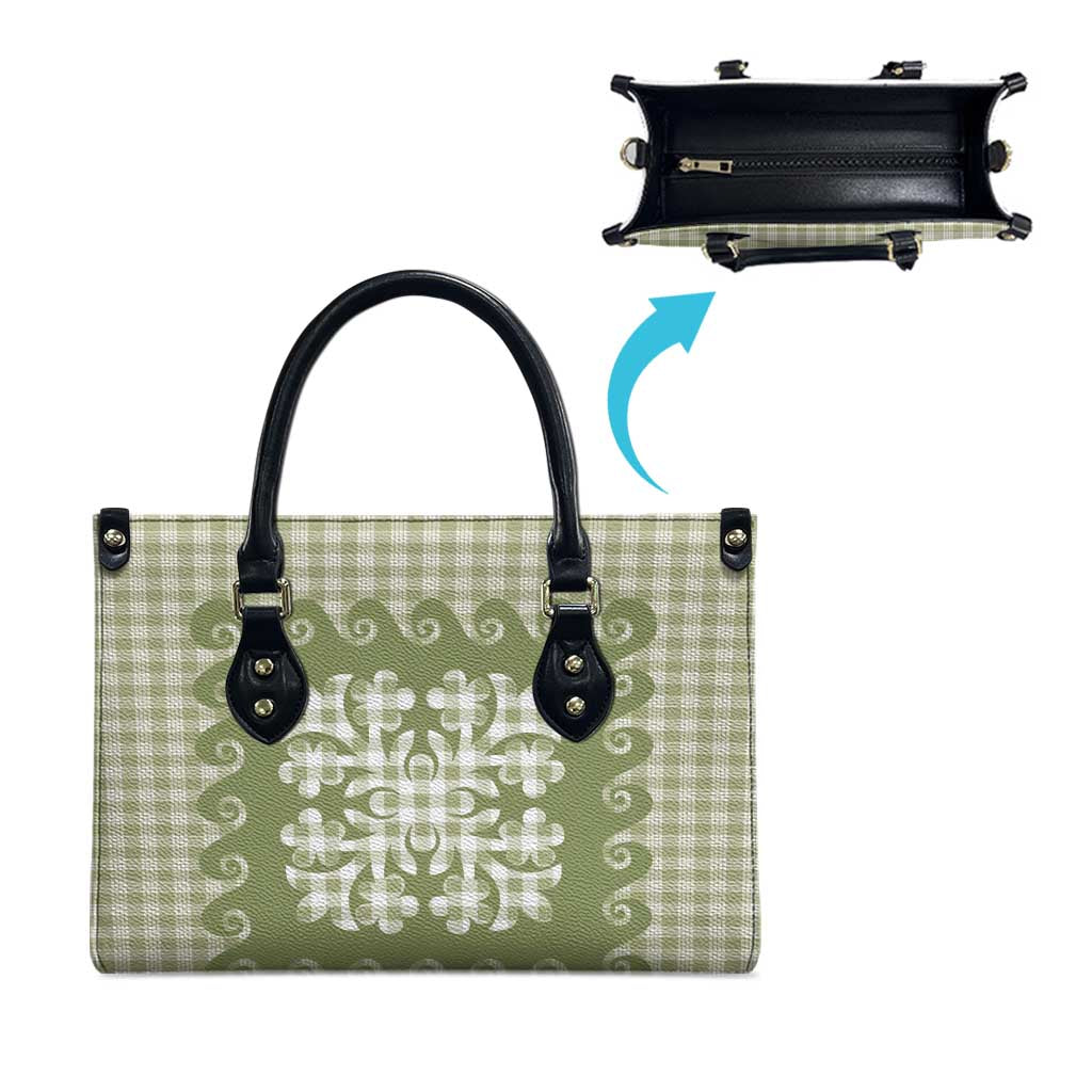 Green Ulu Palaka Quilt Pattern Leather Bag Hawaii Culture Breadfruit - Polynesian Pride