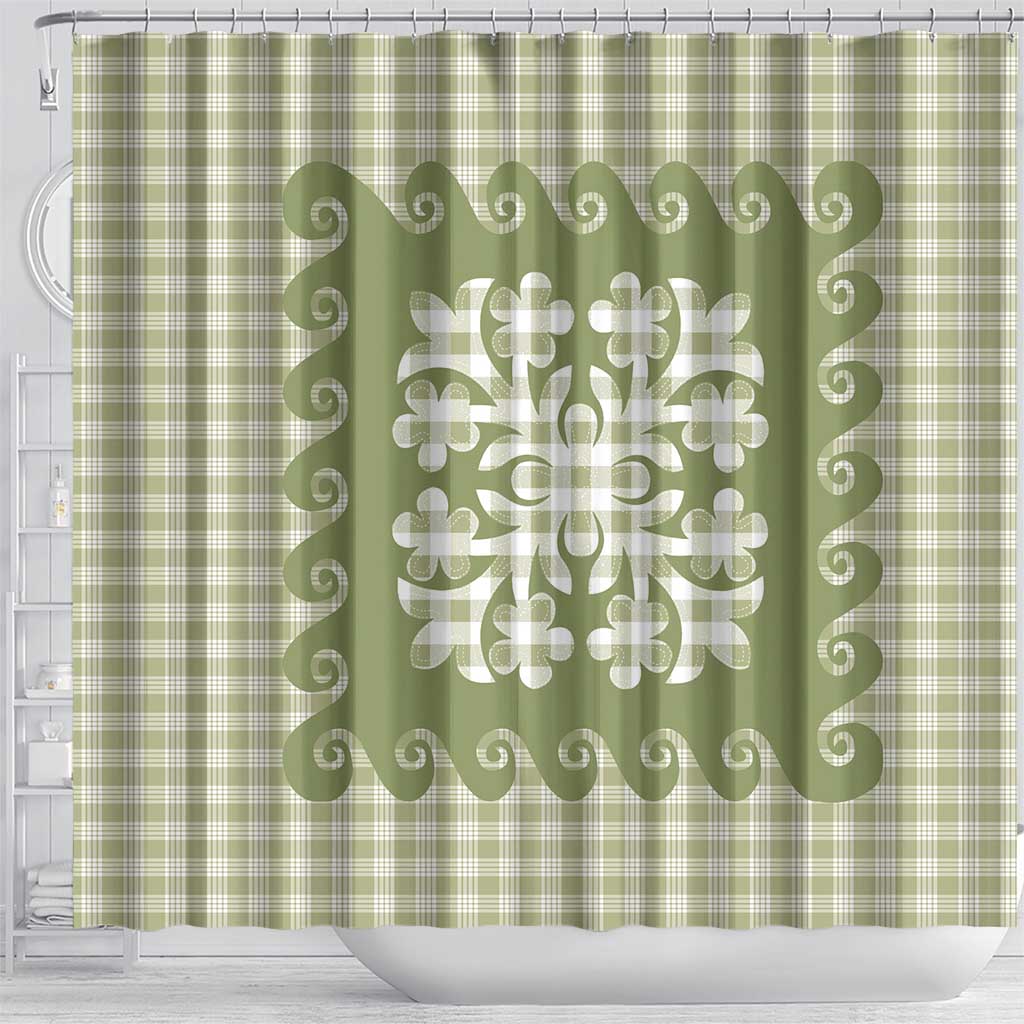 Green Ulu Palaka Quilt Pattern Shower Curtain Hawaii Culture Breadfruit - Polynesian Pride