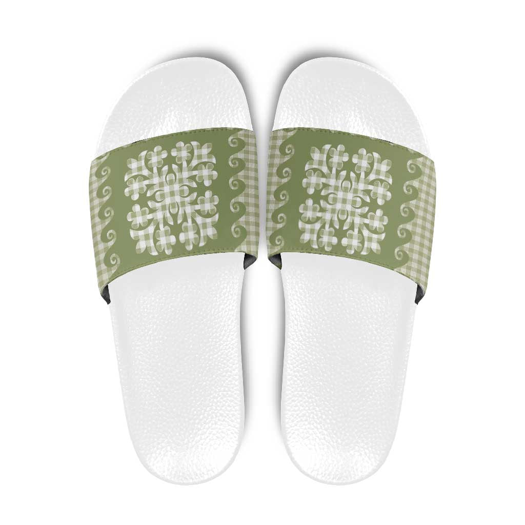 Green Ulu Palaka Quilt Pattern Slide Sandals Hawaii Culture Breadfruit - Polynesian Pride