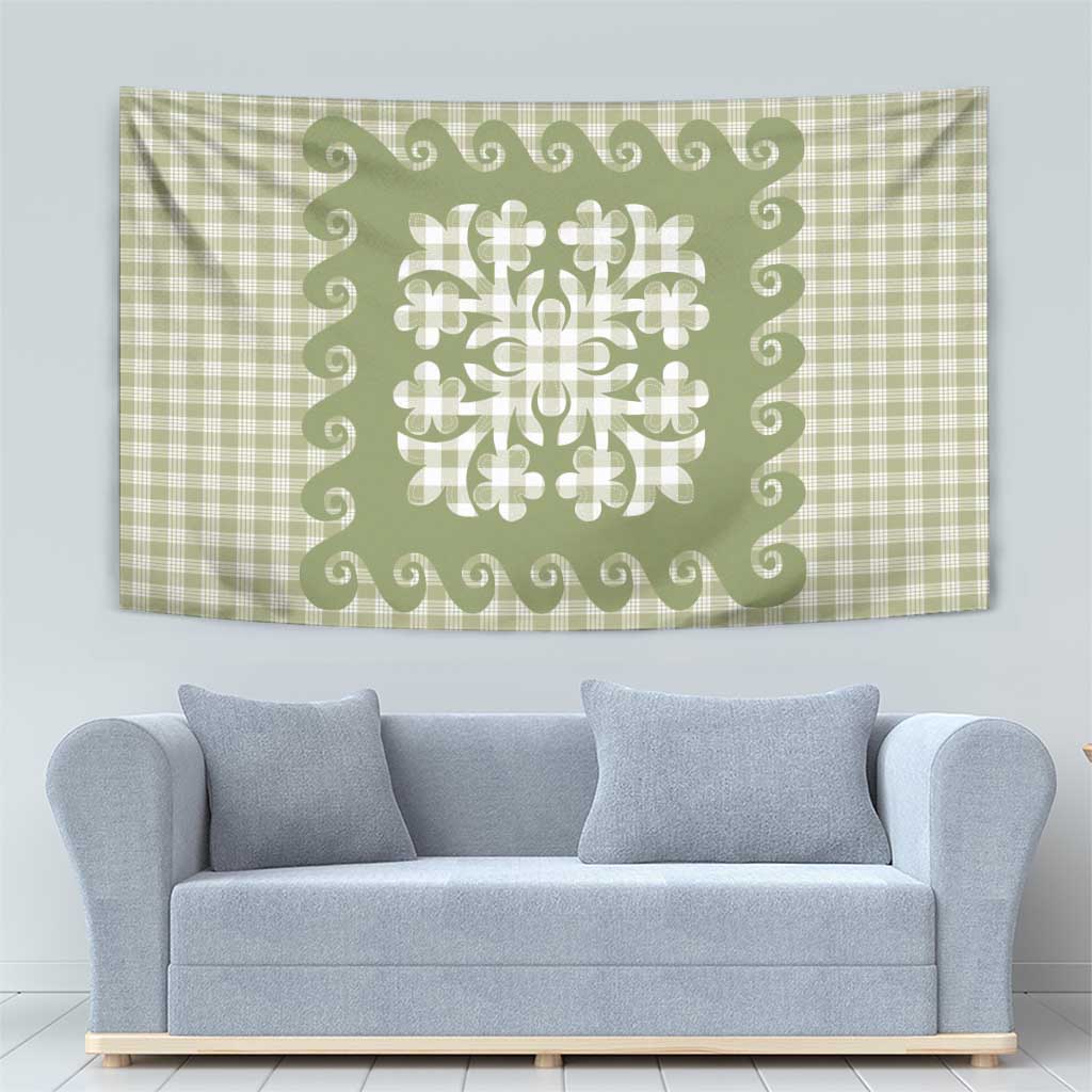 Green Ulu Palaka Quilt Pattern Tapestry Hawaii Culture Breadfruit - Polynesian Pride