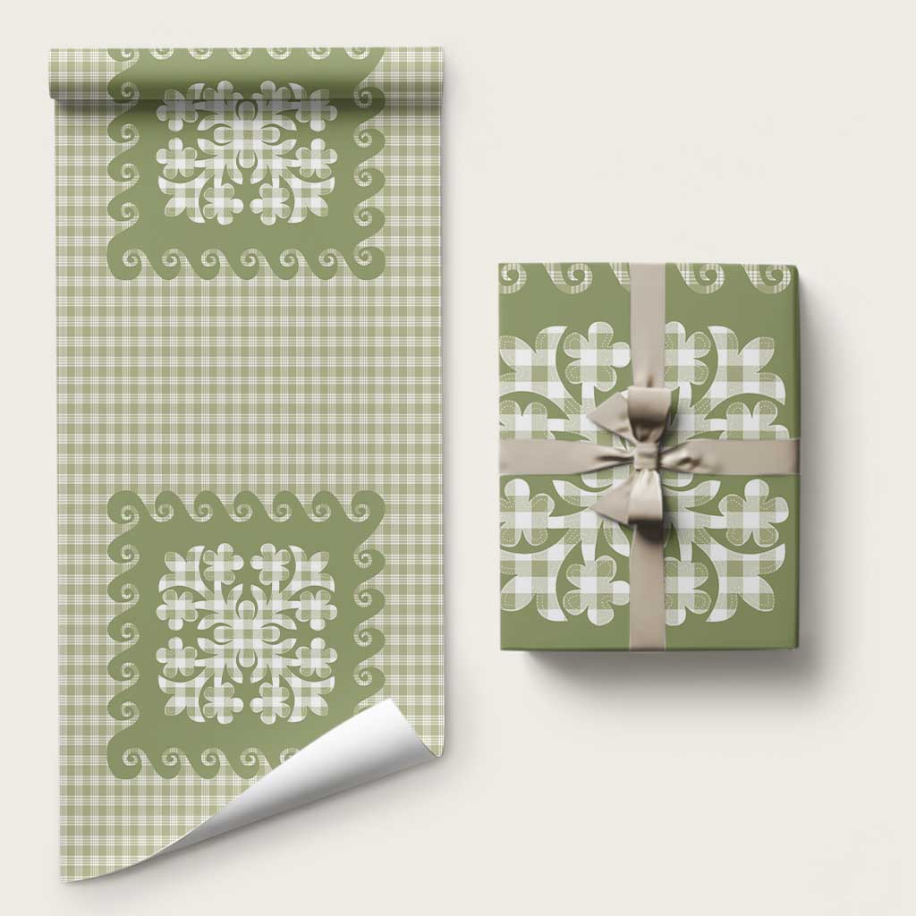 Green Ulu Palaka Quilt Pattern Wrapping Paper Hawaii Culture Breadfruit - Polynesian Pride