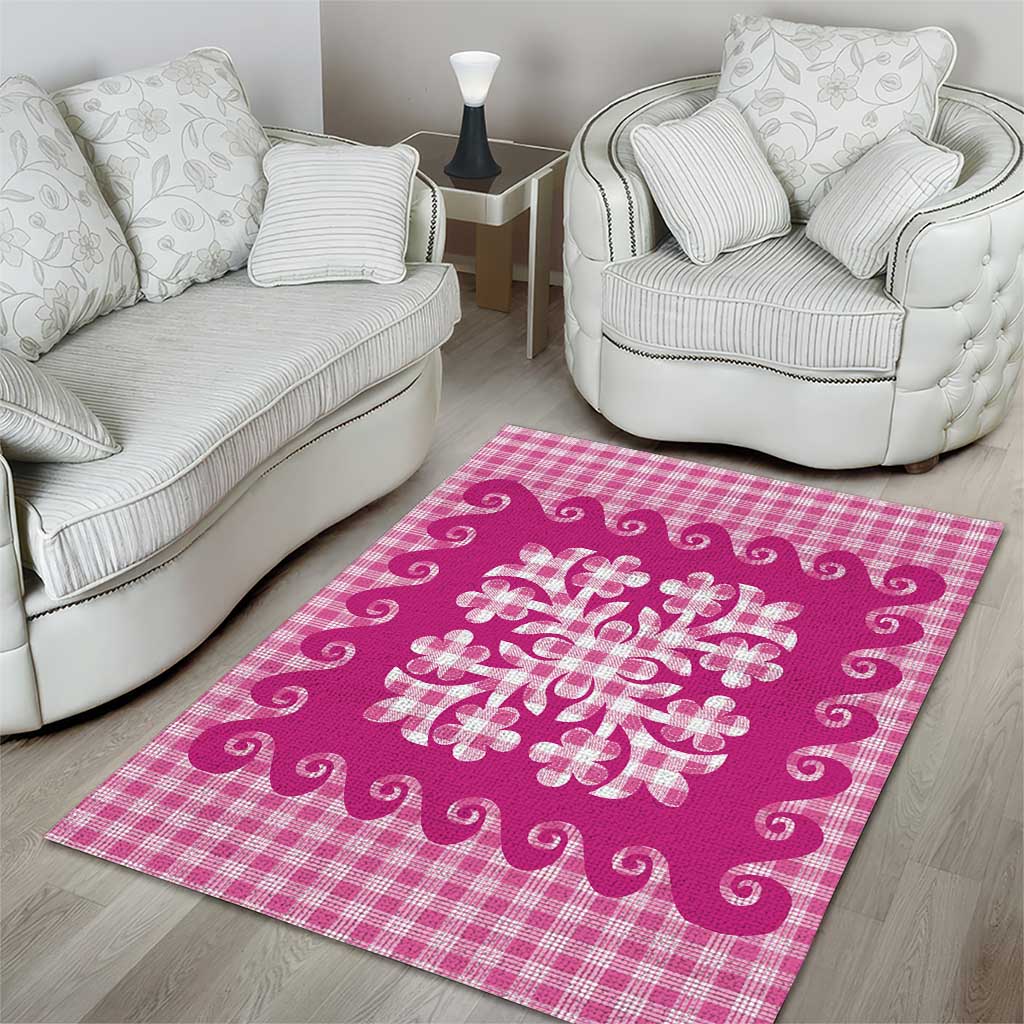 Pink Ulu Palaka Quilt Pattern Area Rug Hawaii Culture Breadfruit - Polynesian Pride