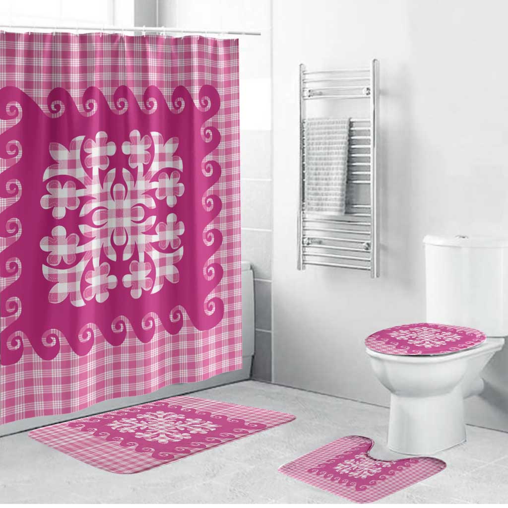 Pink Ulu Palaka Quilt Pattern Bathroom Set Hawaii Culture Breadfruit - Polynesian Pride