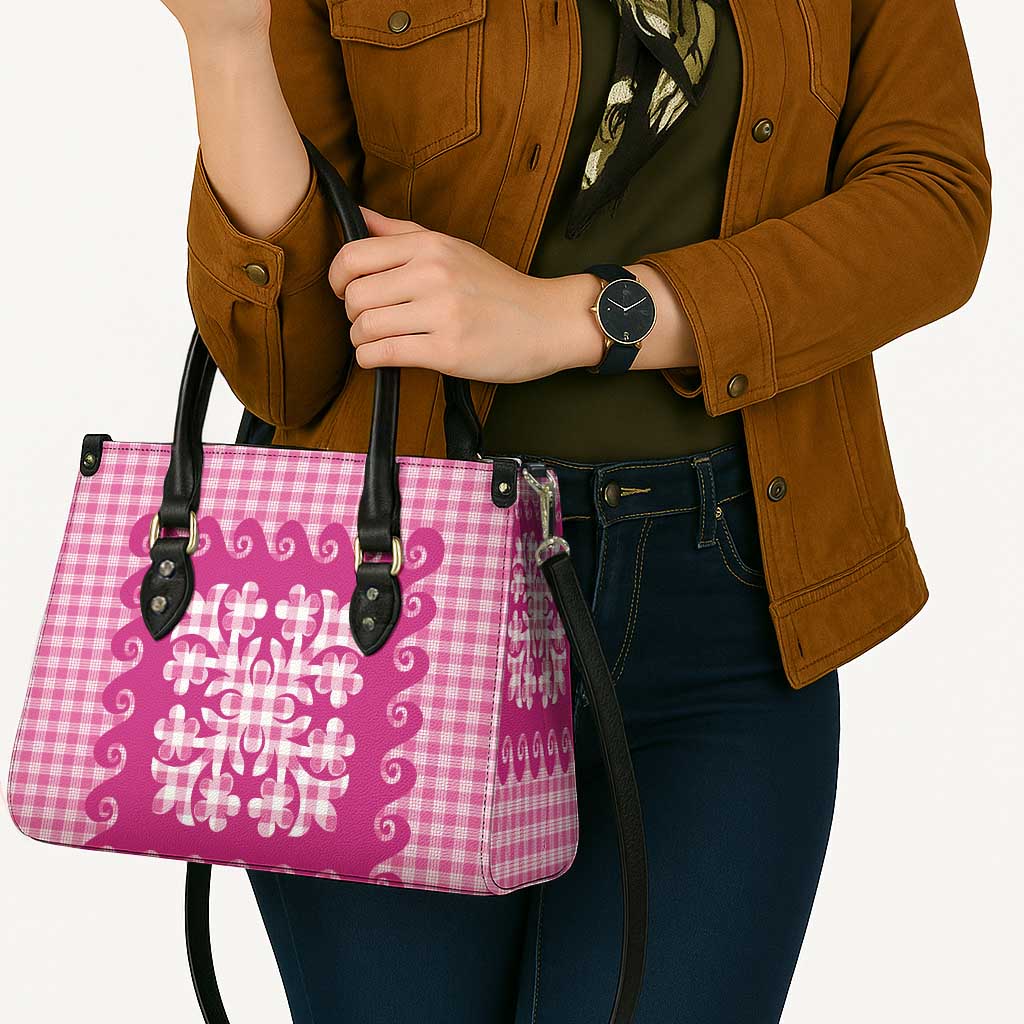 Pink Ulu Palaka Quilt Pattern Leather Bag Hawaii Culture Breadfruit - Polynesian Pride