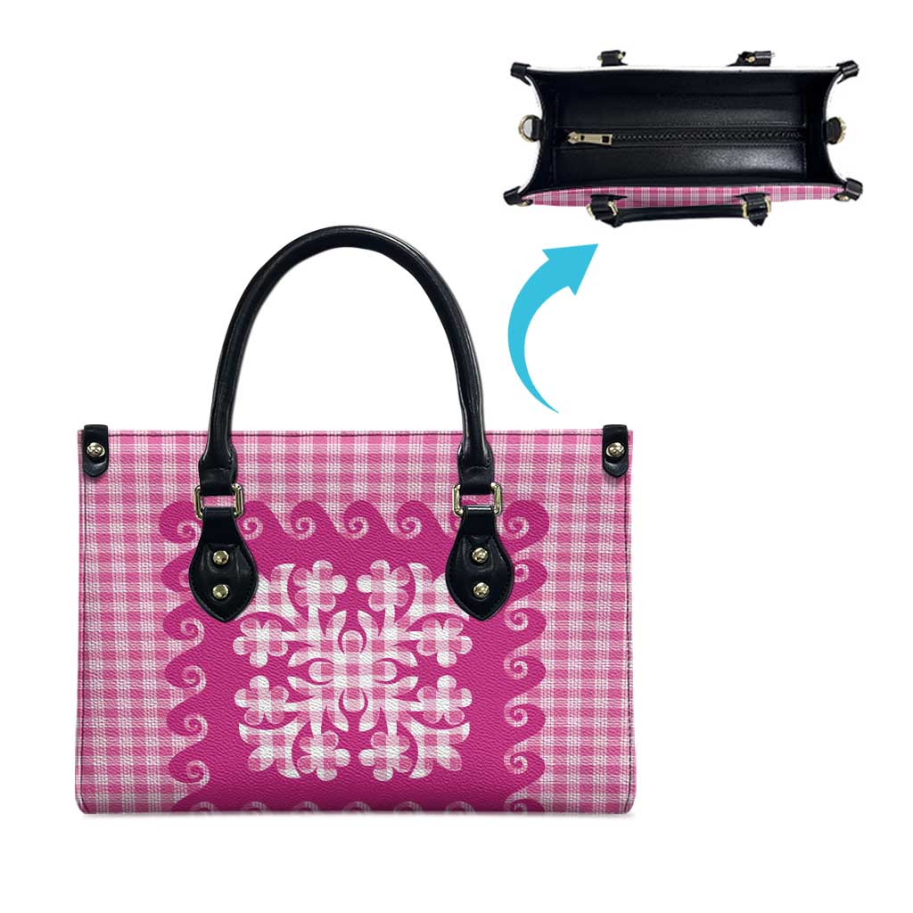 Pink Ulu Palaka Quilt Pattern Leather Bag Hawaii Culture Breadfruit - Polynesian Pride