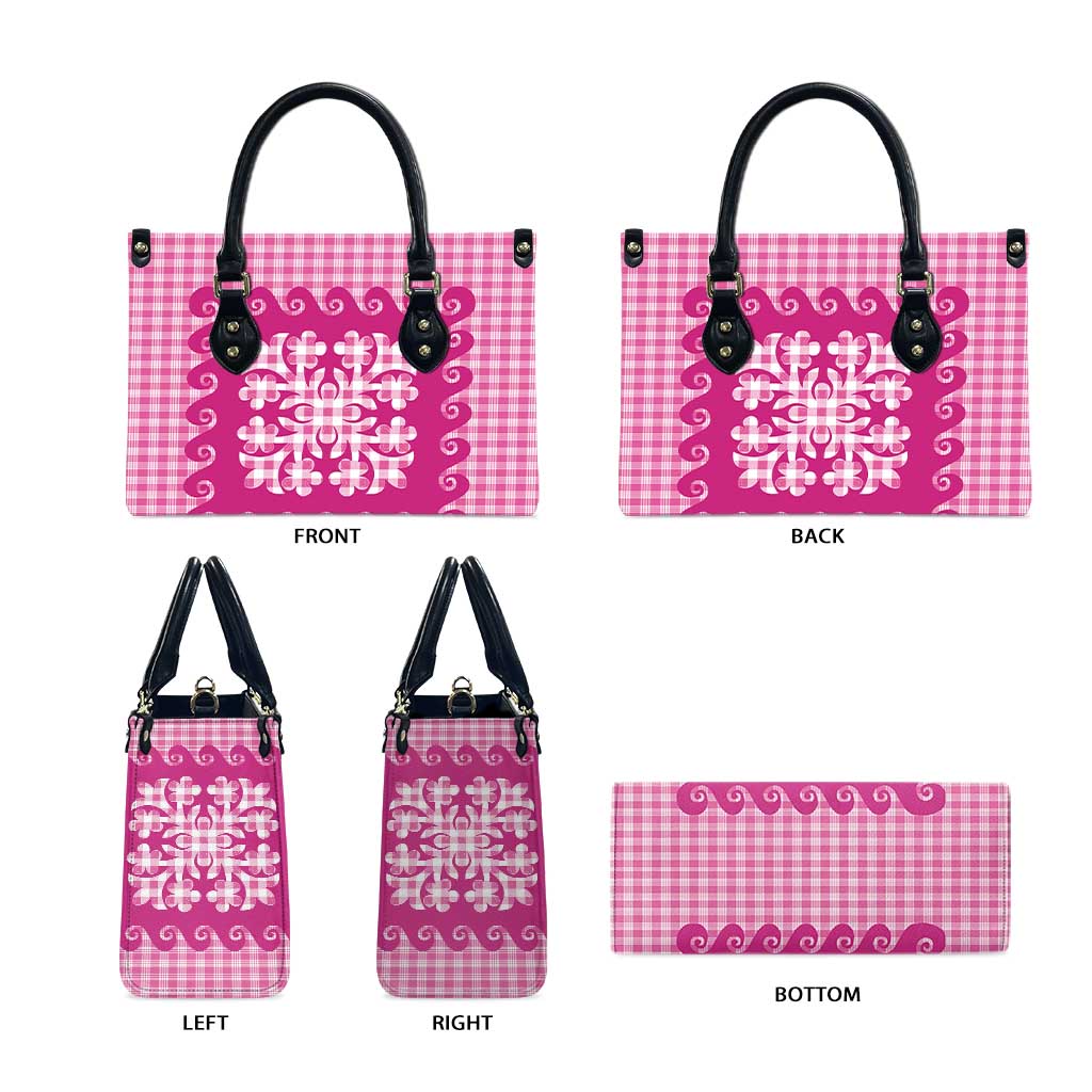 Pink Ulu Palaka Quilt Pattern Leather Bag Hawaii Culture Breadfruit - Polynesian Pride