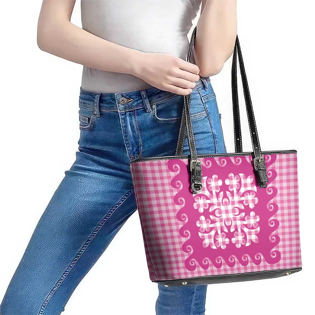 Pink Ulu Palaka Quilt Pattern Leather Tote Bag Hawaii Culture Breadfruit - Polynesian Pride