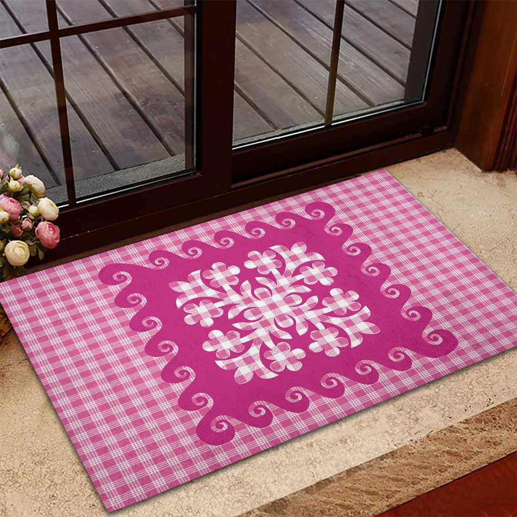 Pink Ulu Palaka Quilt Pattern Rubber Doormat Hawaii Culture Breadfruit - Polynesian Pride
