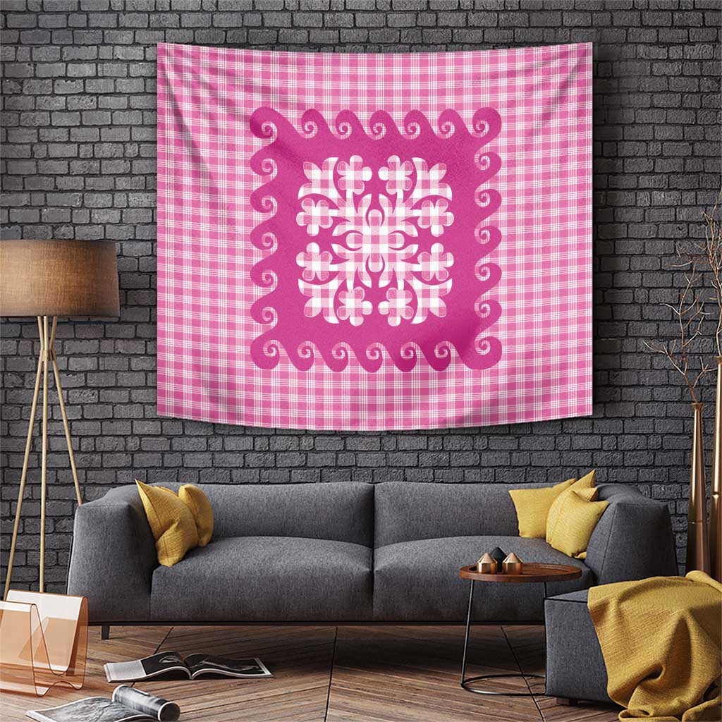 Pink Ulu Palaka Quilt Pattern Tapestry Hawaii Culture Breadfruit - Polynesian Pride