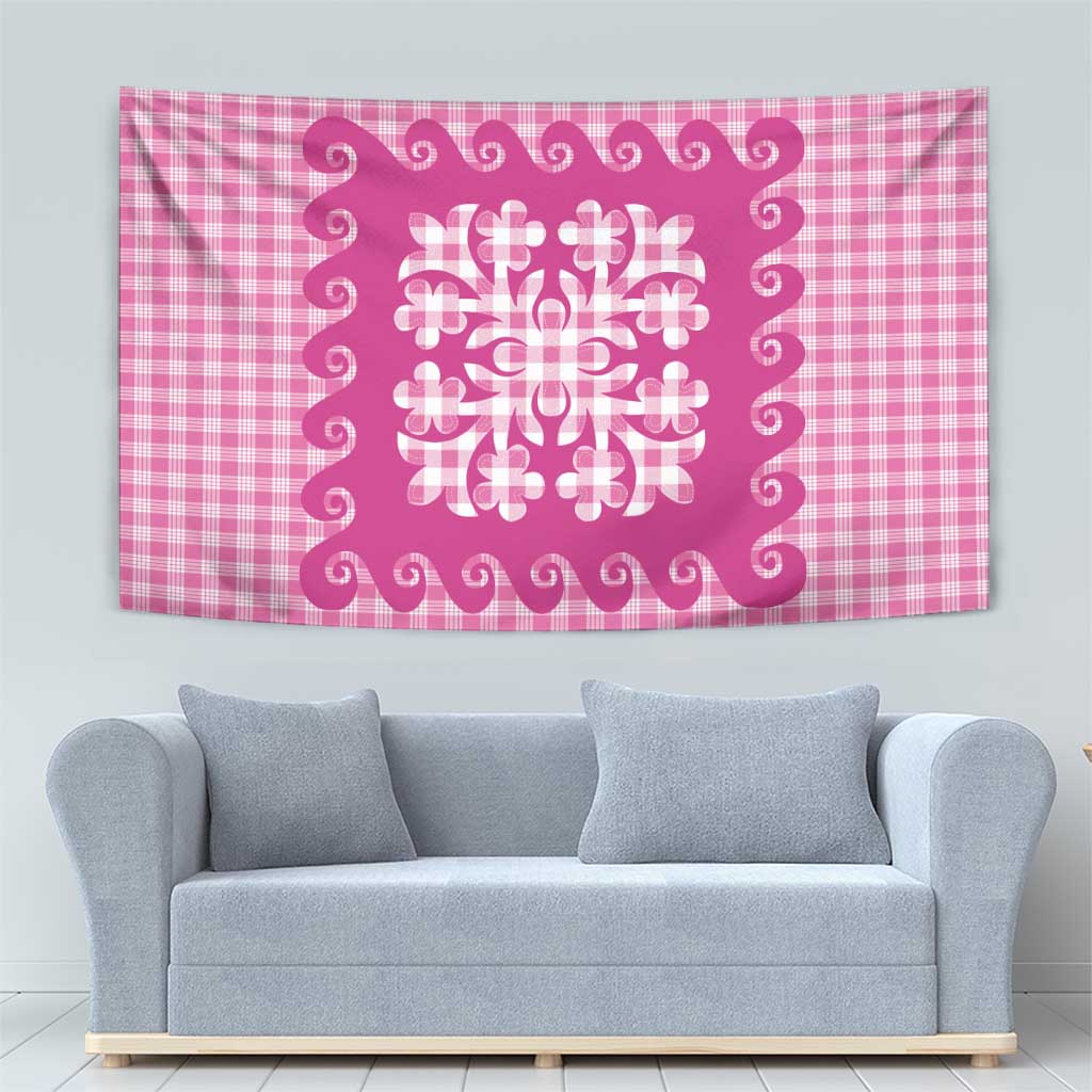 Pink Ulu Palaka Quilt Pattern Tapestry Hawaii Culture Breadfruit - Polynesian Pride