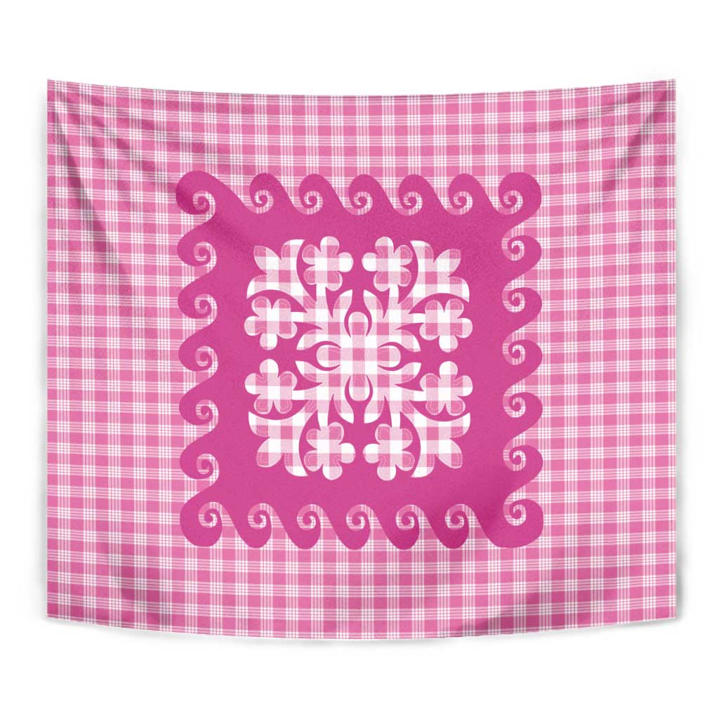 Pink Ulu Palaka Quilt Pattern Tapestry Hawaii Culture Breadfruit - Polynesian Pride