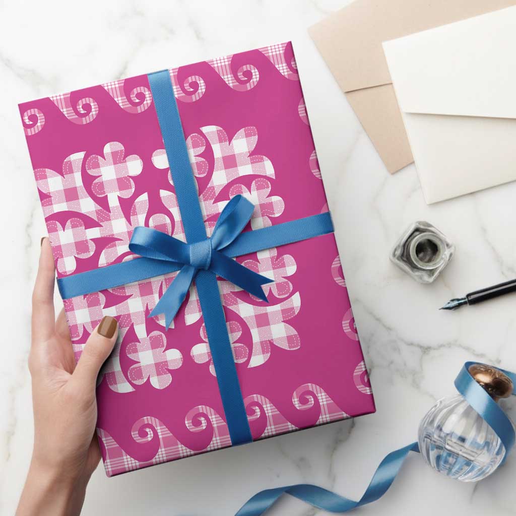 Pink Ulu Palaka Quilt Pattern Wrapping Paper Hawaii Culture Breadfruit - Polynesian Pride