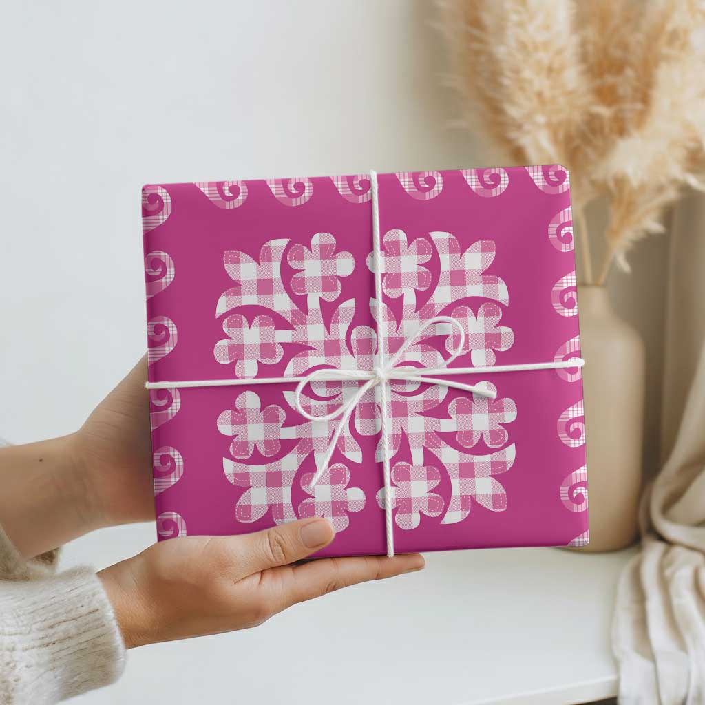 Pink Ulu Palaka Quilt Pattern Wrapping Paper Hawaii Culture Breadfruit - Polynesian Pride