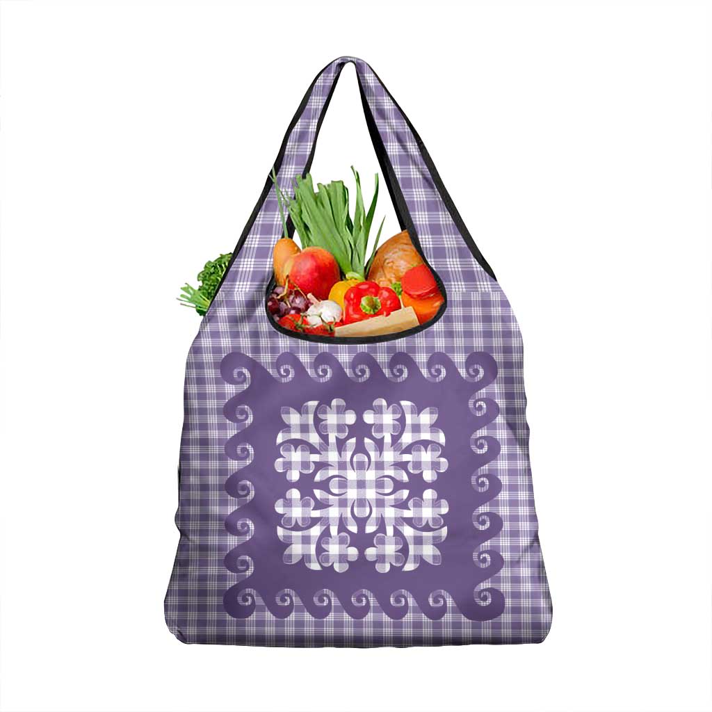 Purple Ulu Palaka Quilt Pattern Grocery Bag Hawaii Culture Breadfruit - Polynesian Pride