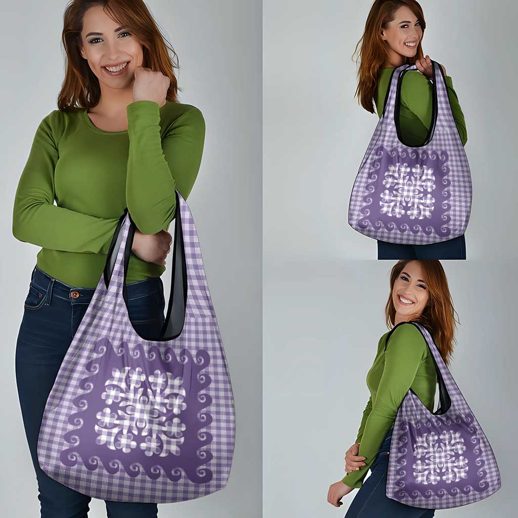 Purple Ulu Palaka Quilt Pattern Grocery Bag Hawaii Culture Breadfruit - Polynesian Pride