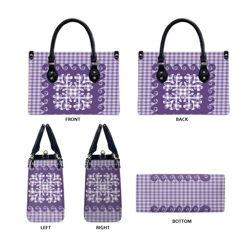 Purple Ulu Palaka Quilt Pattern Leather Bag Hawaii Culture Breadfruit - Polynesian Pride