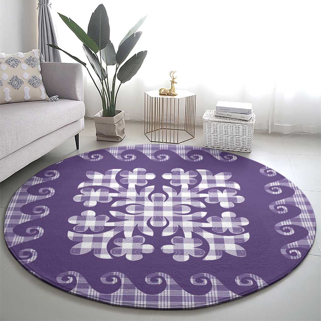 Purple Ulu Palaka Quilt Pattern Round Carpet Hawaii Culture Breadfruit - Polynesian Pride