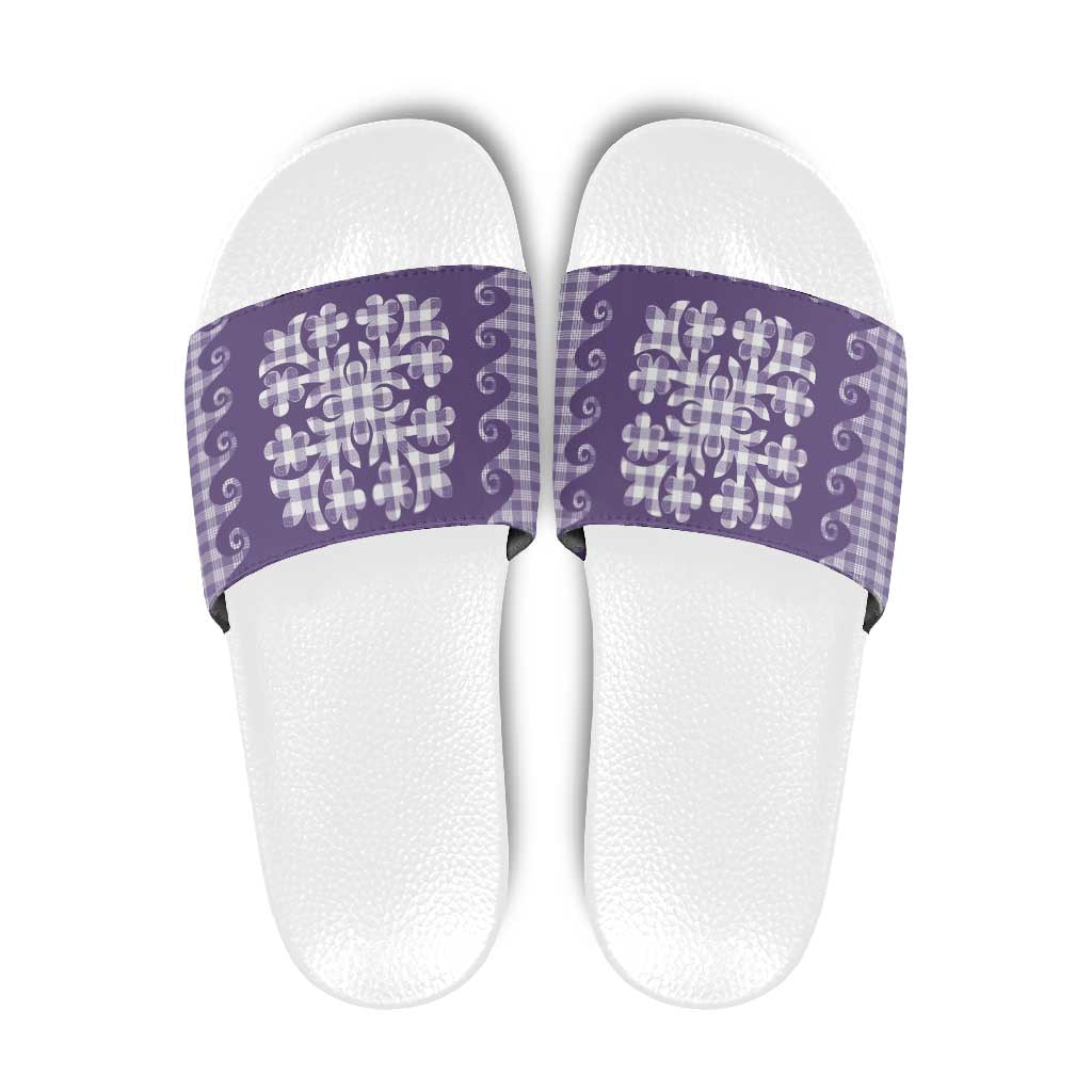 Purple Ulu Palaka Quilt Pattern Slide Sandals Hawaii Culture Breadfruit - Polynesian Pride