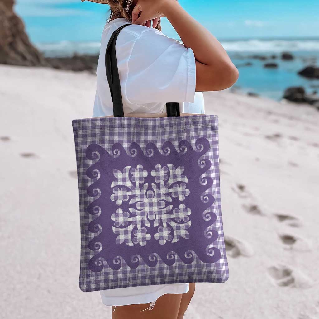 Purple Ulu Palaka Quilt Pattern Tote Bag Hawaii Culture Breadfruit - Polynesian Pride