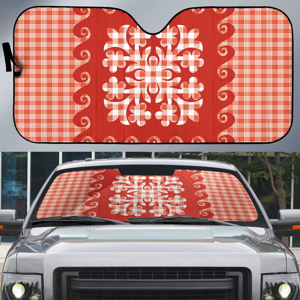 Red Ulu Palaka Quilt Pattern Auto Sun Shade Hawaii Culture Breadfruit - Polynesian Pride