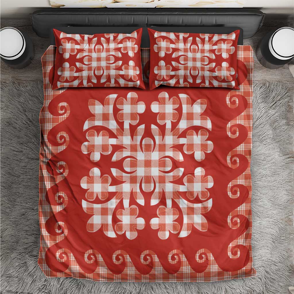 Red Ulu Palaka Quilt Pattern Bedding Set Hawaii Culture Breadfruit - Polynesian Pride