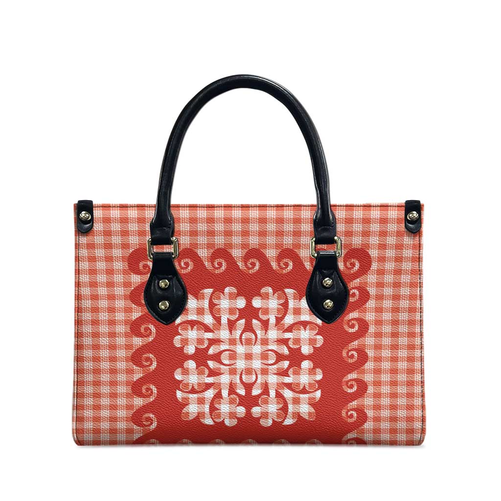 Red Ulu Palaka Quilt Pattern Leather Bag Hawaii Culture Breadfruit - Polynesian Pride