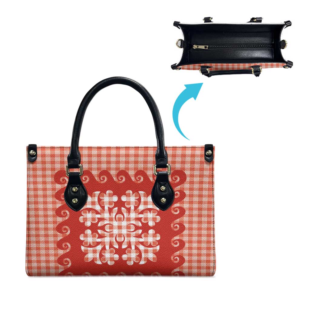Red Ulu Palaka Quilt Pattern Leather Bag Hawaii Culture Breadfruit - Polynesian Pride