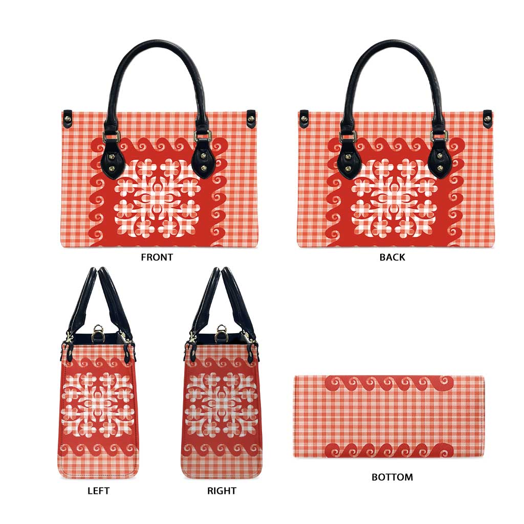 Red Ulu Palaka Quilt Pattern Leather Bag Hawaii Culture Breadfruit - Polynesian Pride