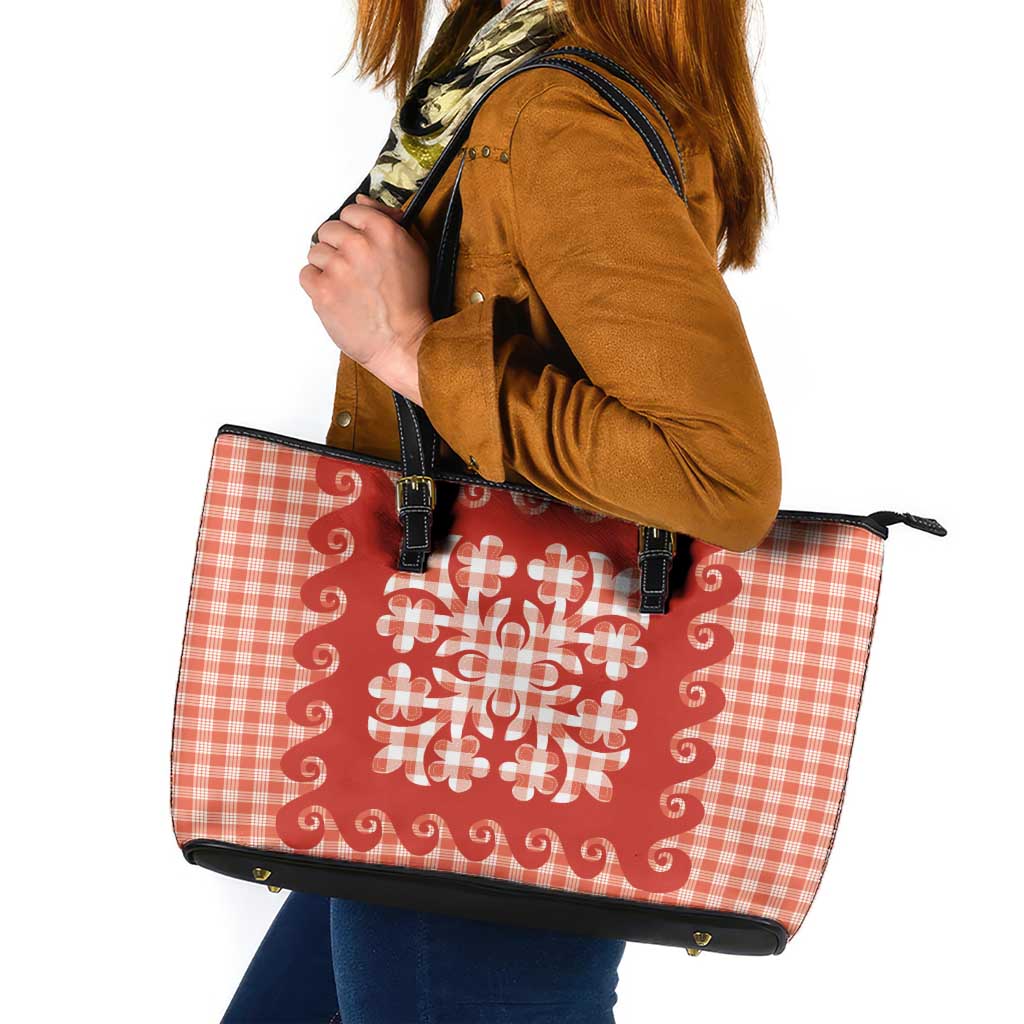Red Ulu Palaka Quilt Pattern Leather Tote Bag Hawaii Culture Breadfruit - Polynesian Pride
