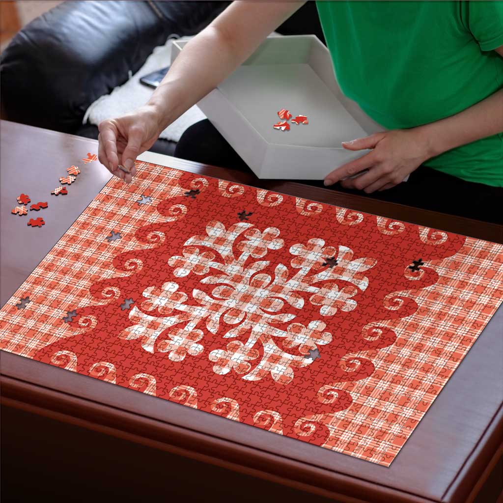 Red Ulu Palaka Quilt Pattern Puzzle Hawaii Culture Breadfruit - Polynesian Pride