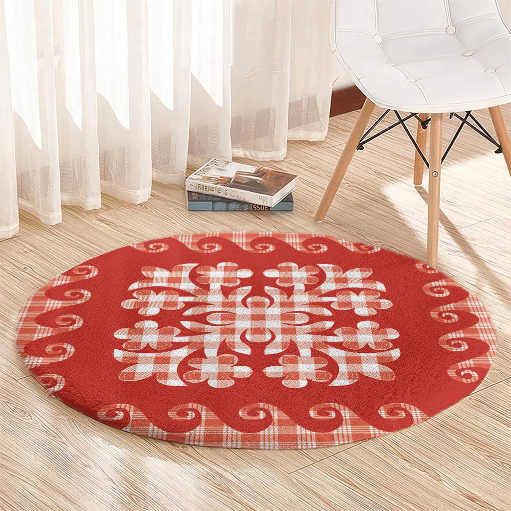 Red Ulu Palaka Quilt Pattern Round Carpet Hawaii Culture Breadfruit - Polynesian Pride