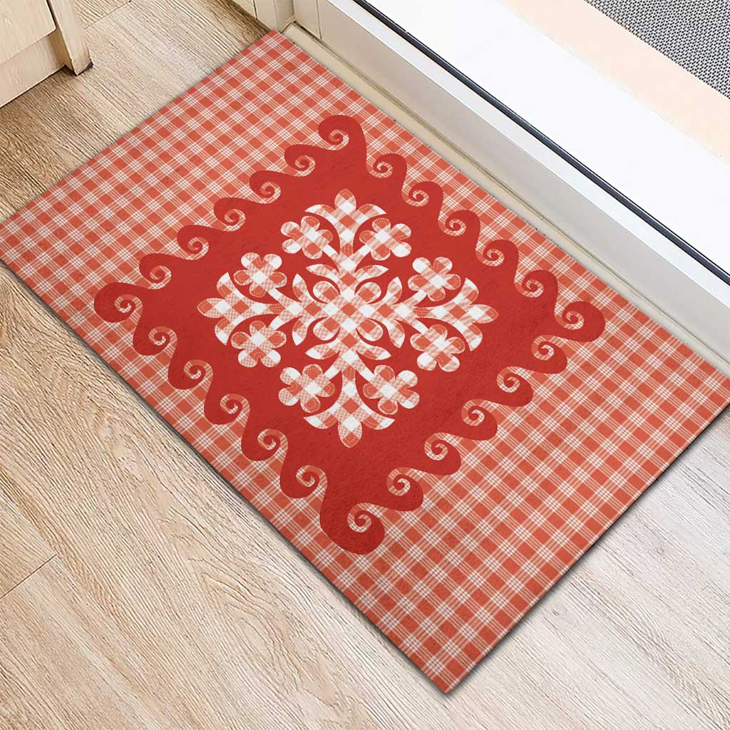 Red Ulu Palaka Quilt Pattern Rubber Doormat Hawaii Culture Breadfruit - Polynesian Pride