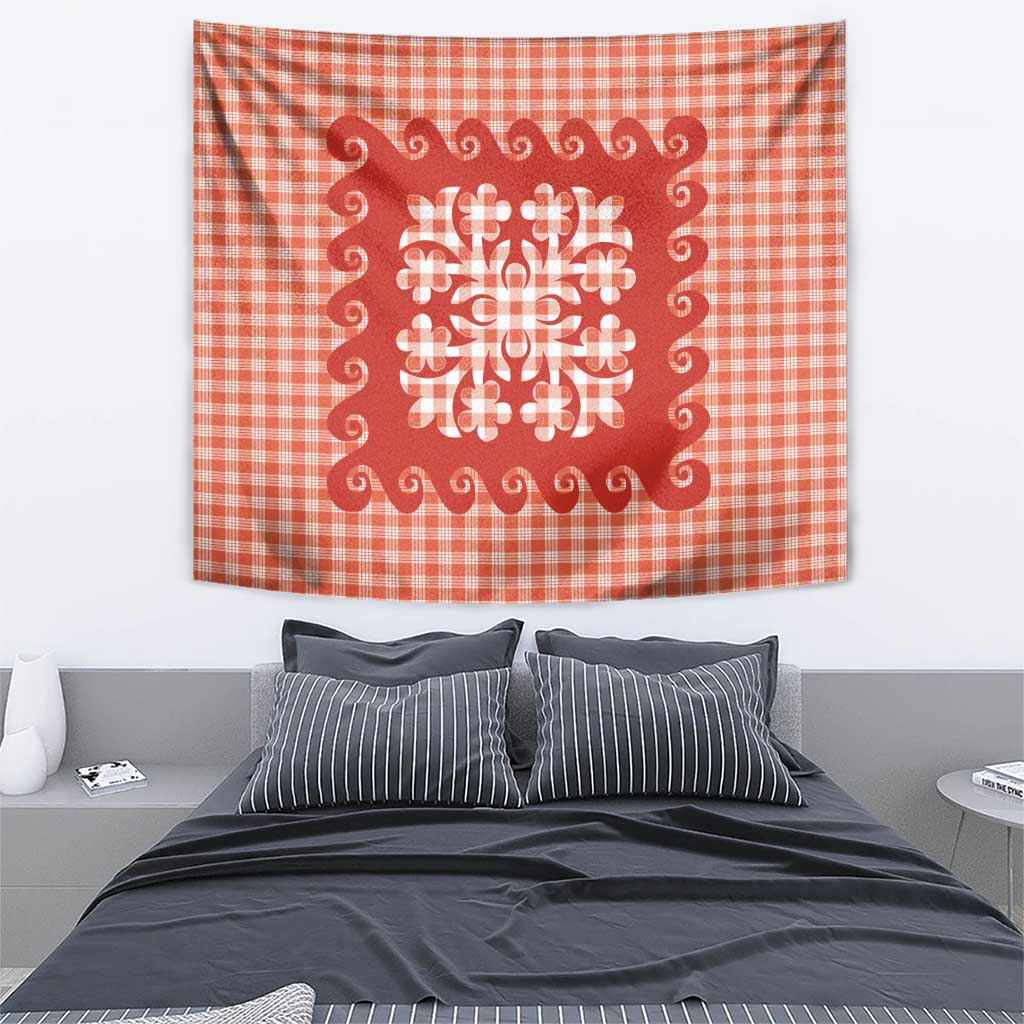 Red Ulu Palaka Quilt Pattern Tapestry Hawaii Culture Breadfruit - Polynesian Pride