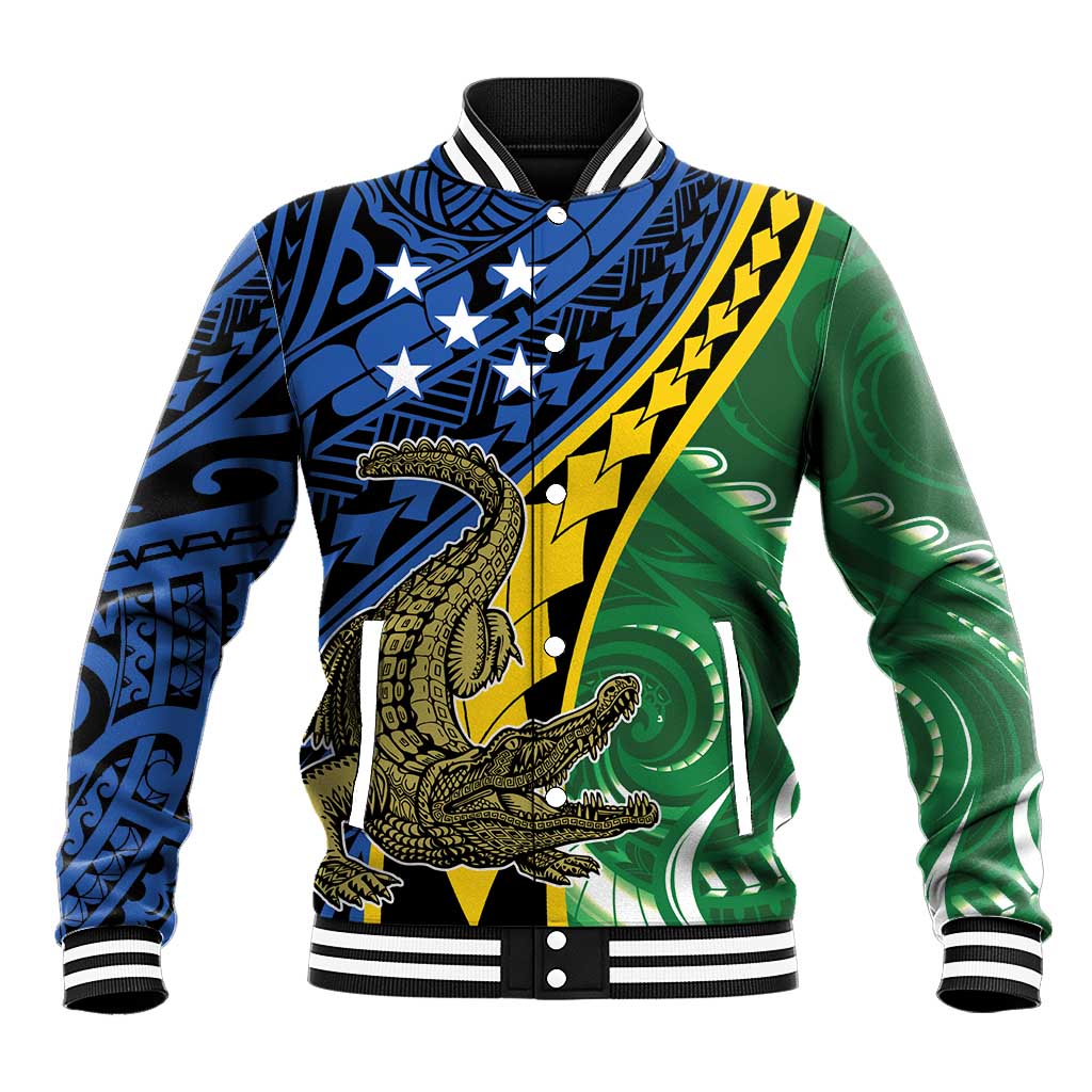 Personalised Crocodile and Shark Solomon Islands Baseball Jacket Polynesian Tribal Tattoo