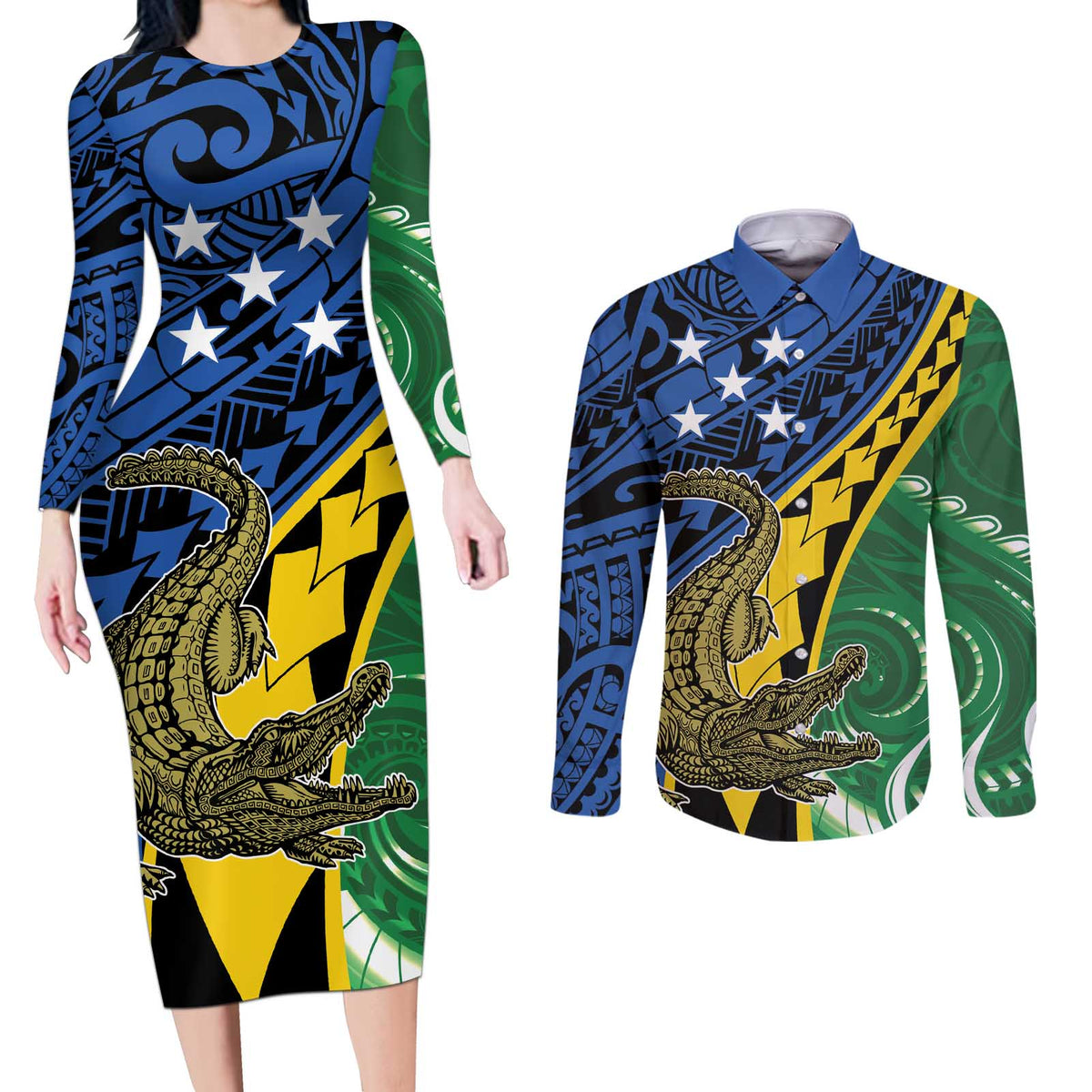 Personalised Crocodile and Shark Solomon Islands Couples Matching Long Sleeve Bodycon Dress and Long Sleeve Button Shirt Polynesian Tribal Tattoo