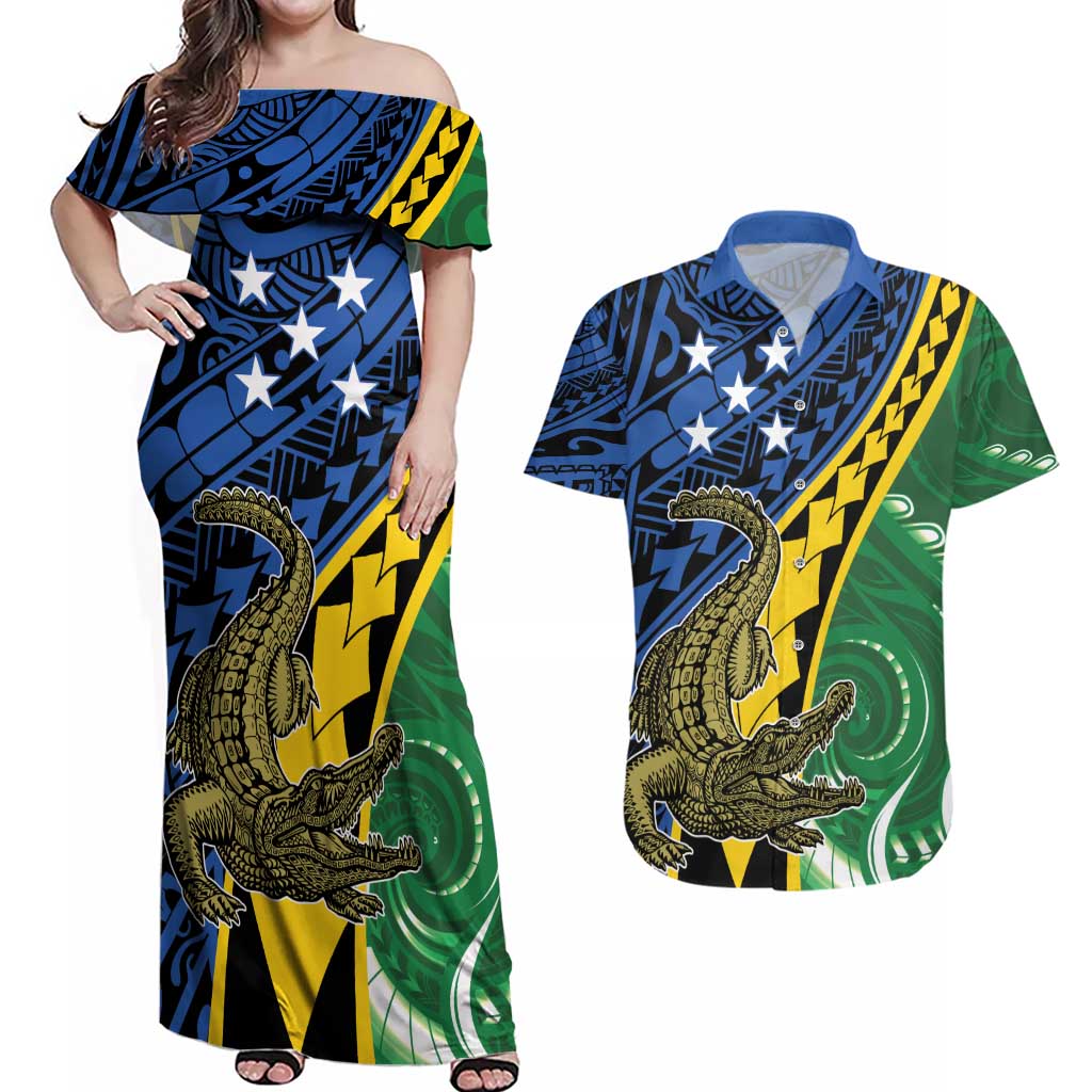 Personalised Crocodile and Shark Solomon Islands Couples Matching Off Shoulder Maxi Dress and Hawaiian Shirt Polynesian Tribal Tattoo