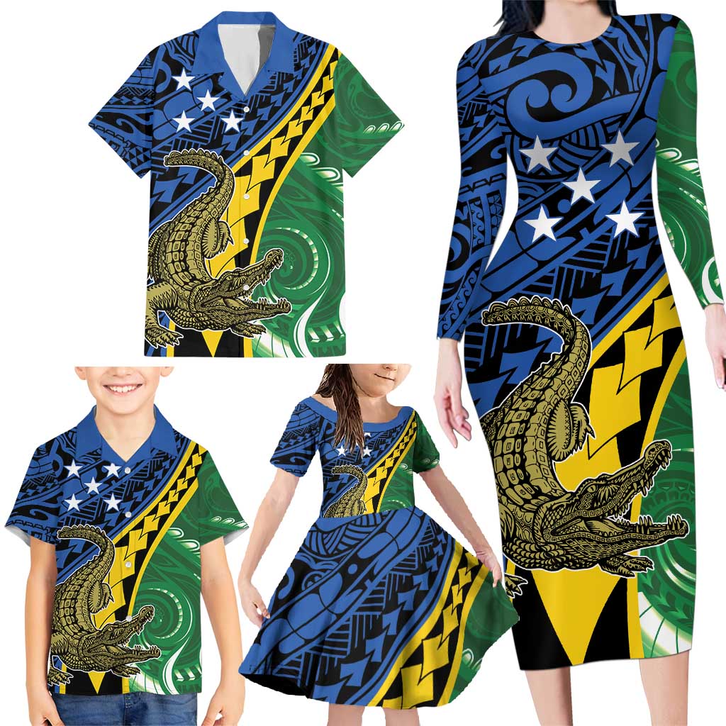 Personalised Crocodile and Shark Solomon Islands Family Matching Long Sleeve Bodycon Dress and Hawaiian Shirt Polynesian Tribal Tattoo