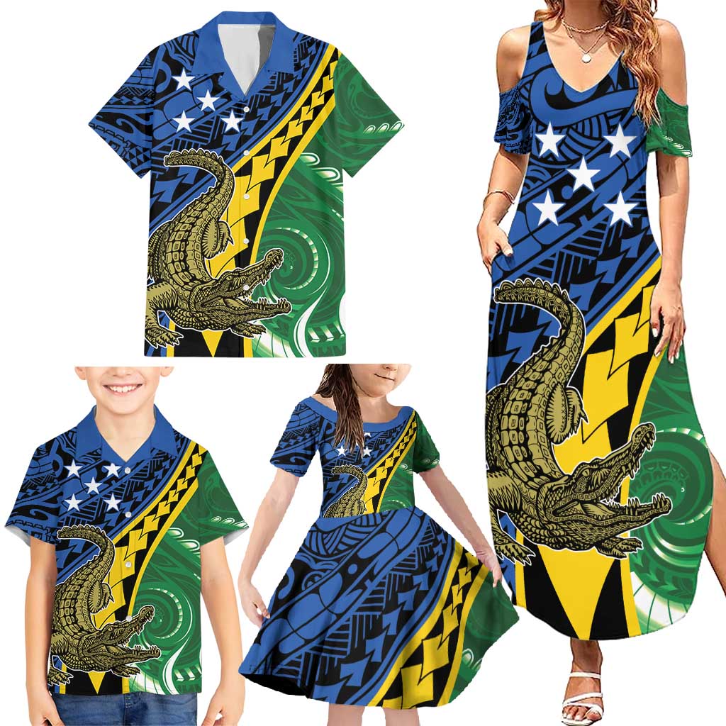 Personalised Crocodile and Shark Solomon Islands Family Matching Summer Maxi Dress and Hawaiian Shirt Polynesian Tribal Tattoo