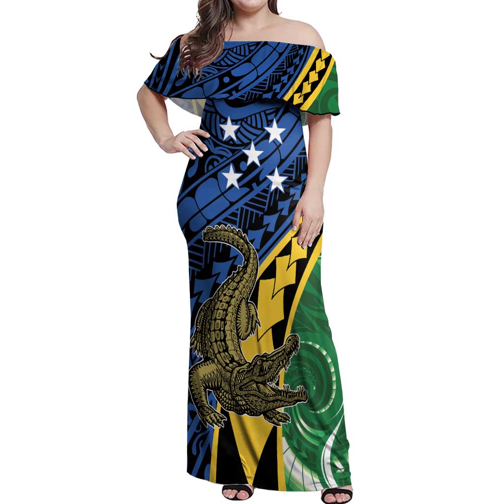 Personalised Crocodile and Shark Solomon Islands Off Shoulder Maxi Dress Polynesian Tribal Tattoo