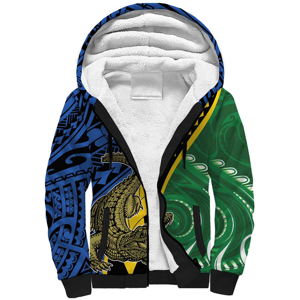 Personalised Crocodile and Shark Solomon Islands Sherpa Hoodie Polynesian Tribal Tattoo