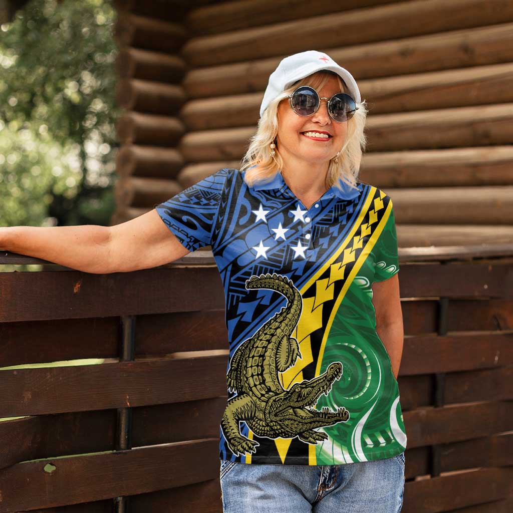 Personalised Crocodile and Shark Solomon Islands Women Polo Shirt Polynesian Tribal Tattoo