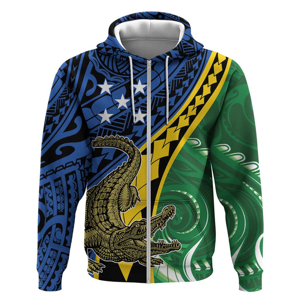 Personalised Crocodile and Shark Solomon Islands Zip Hoodie Polynesian Tribal Tattoo LT9 Zip Hoodie Green - Polynesian Pride