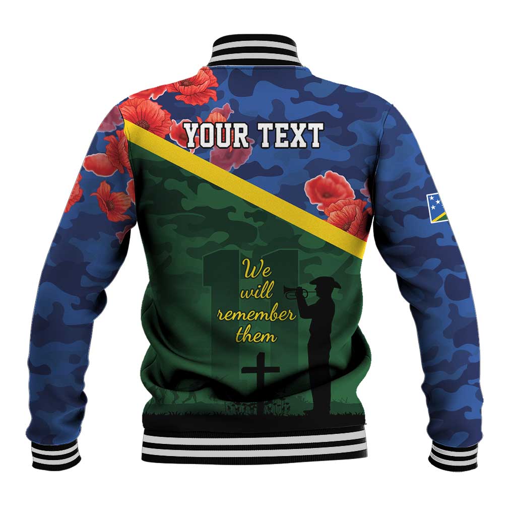 Personalised Solomon Islands Remembrance Day Baseball Jacket We Will Remember Them with Camouflage Style